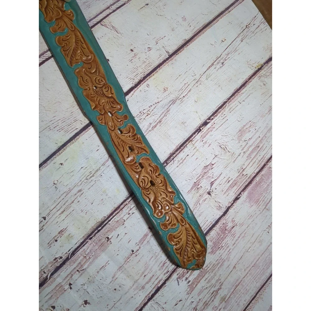 Youth Justin Western Turquoise & Brown Tooled Leather‎ Rodeo Cowboy Belt Sz M 32